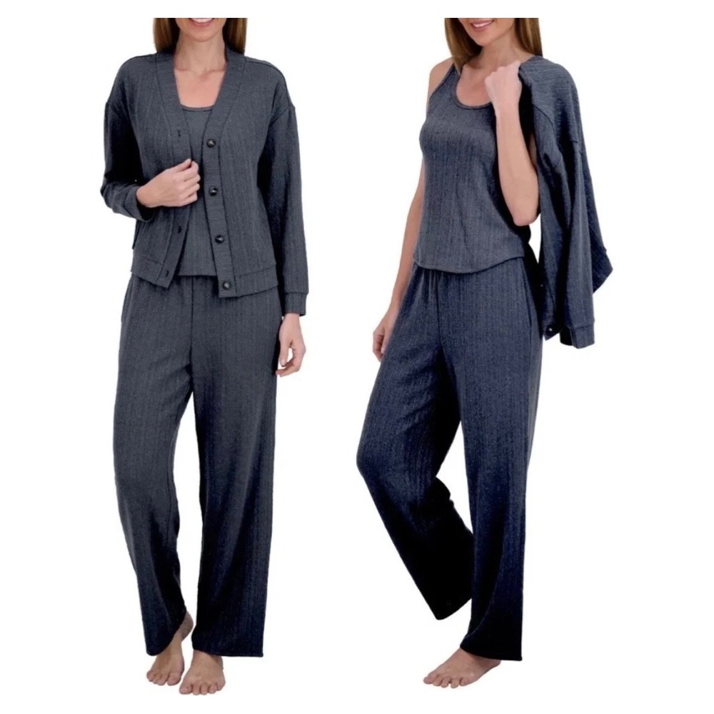 NWT Live 2 Lounge Womens 3-Piece Textured Cable Knit Cardigan Tank Pant Navy XXL